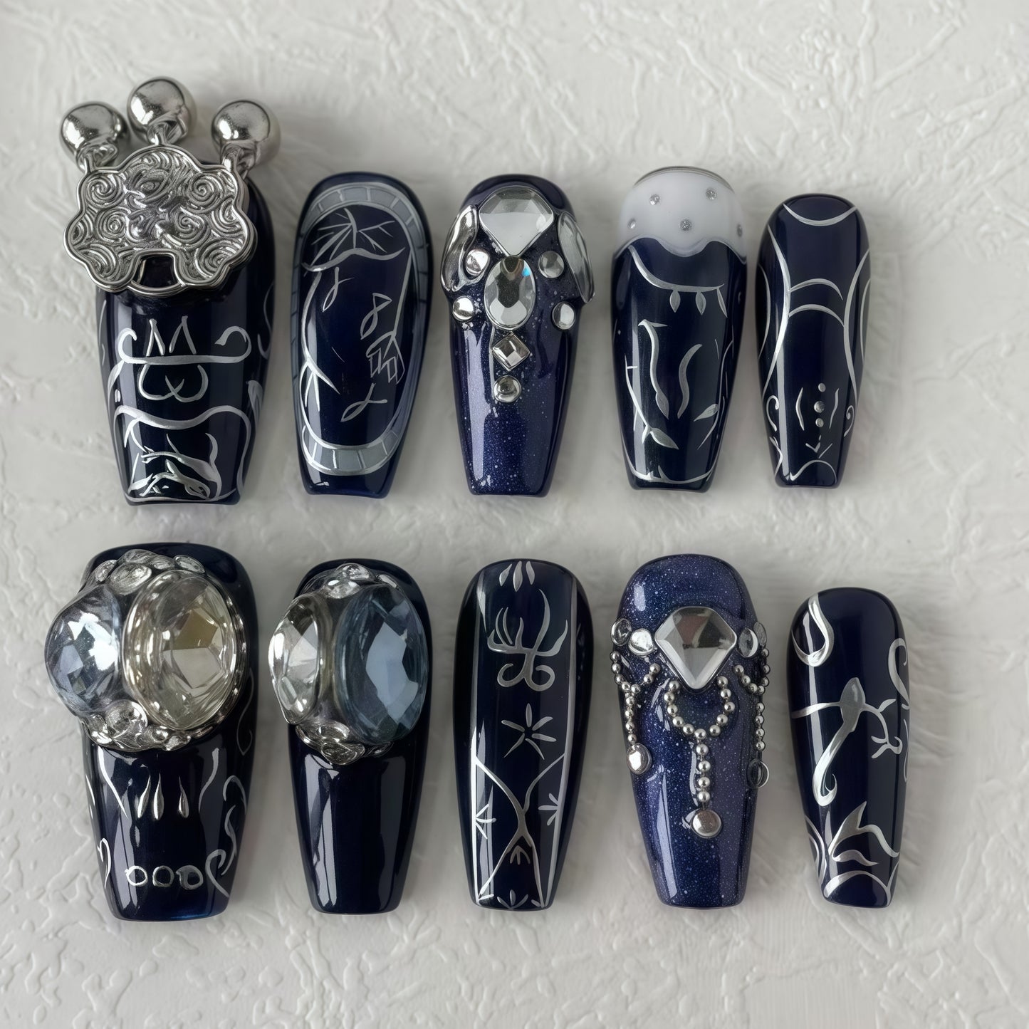 Blue series press-on nail tips crystal pendant fake nails longevity lock silver jewelry design fake nails glue-pasted nail stickers women's manicure