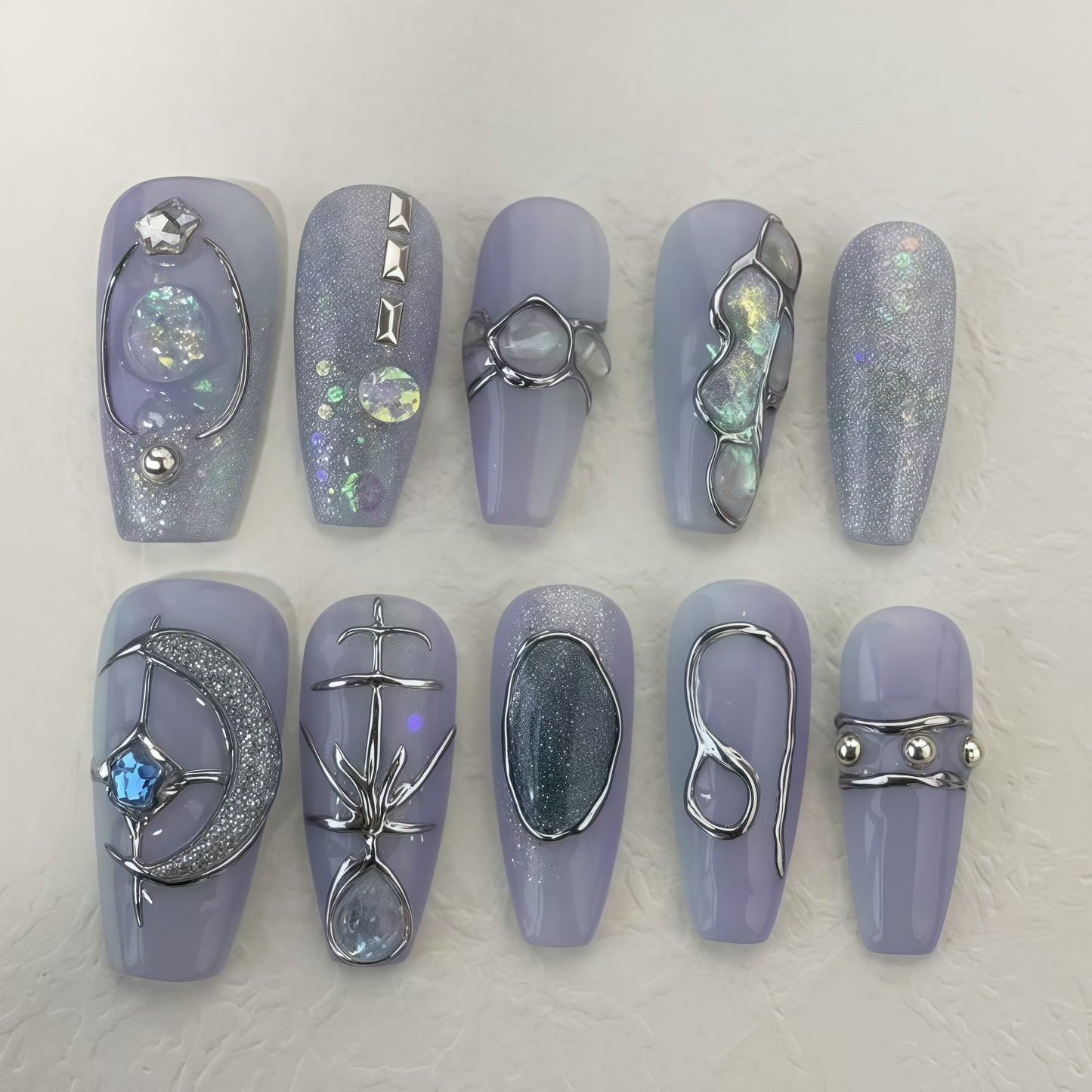 3D Moon Press-on Nails, French Square Nail Stickers with Sparkle Waterdrop Design, Silver Line French Manicure Stickers - Suitable for Women