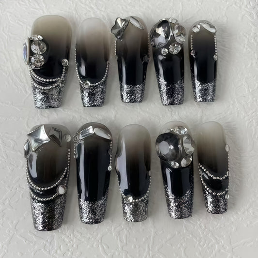 Cat eye press-on nails  black and white gradient artificial nails  water droplet French-style design artificial nails  glue-attached nail stickers  women's DIY manicure