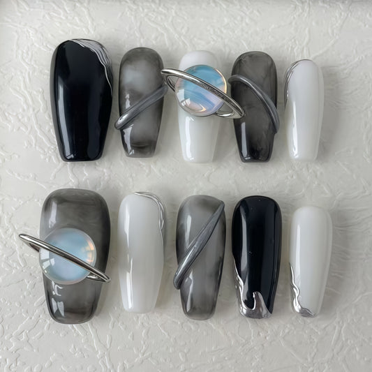 3D Planet Pressed-On Nails, French Square Nails, Gray Gradient Nails, Simple French Nails, Adhesive Nails, Nail Accessories, Suitable for Women