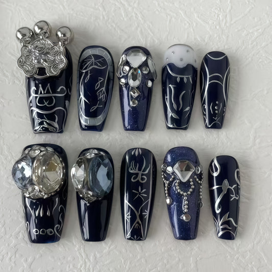 Blue series press-on nail tips  crystal pendant fake nails  longevity lock silver jewelry design fake nails  glue-pasted nail stickers  women's manicure