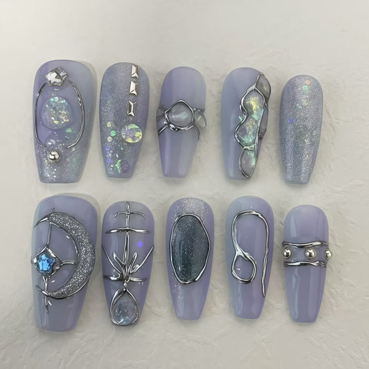 3D Moon Press-on Nails, French Square Nail Stickers with Sparkle Waterdrop Design, Silver Line French Manicure Stickers - Suitable for Women